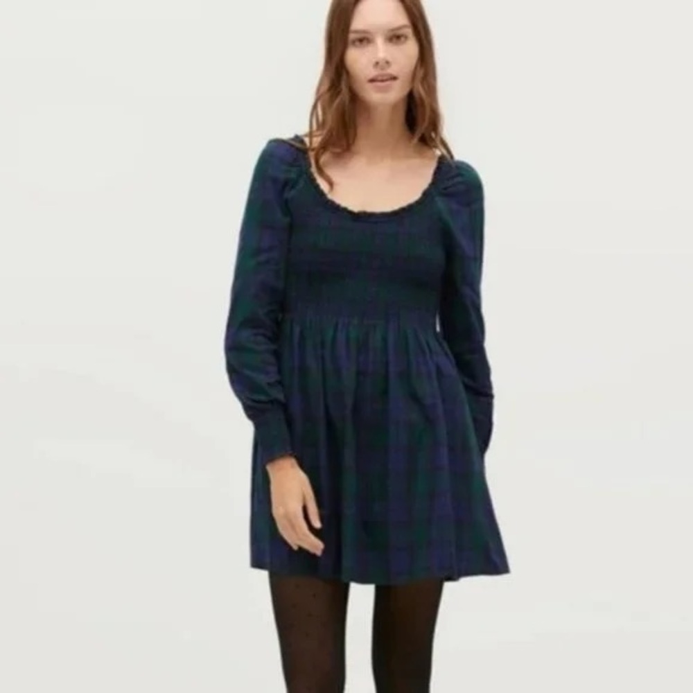 Smocked Plaid Mini Dress in Navy and Green